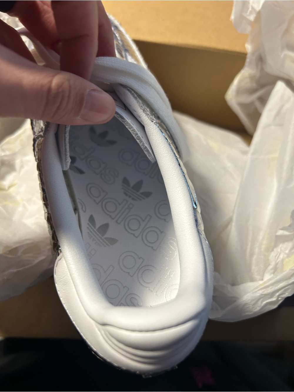 adidas Women’s Metallic Silver White-Striped Sneakers - Picture 5 of 5